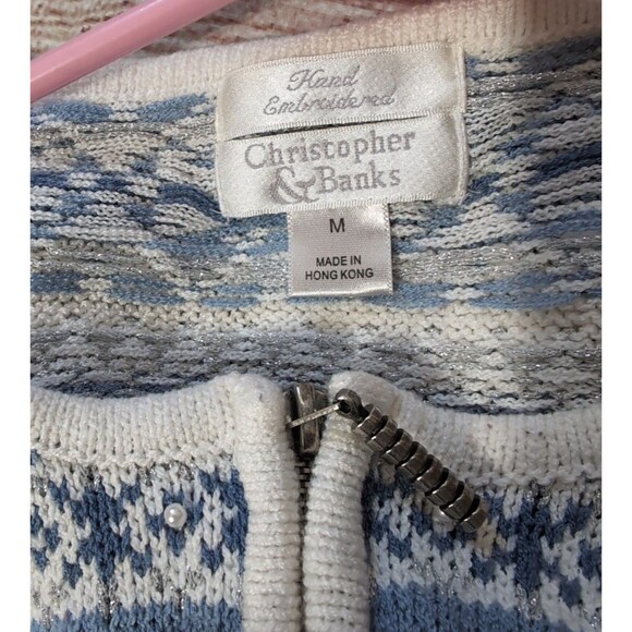 VTG Christopher & Banks Winter Blue White Cardigan Sweater MEDIUM Full Zip - Picture 3 of 16